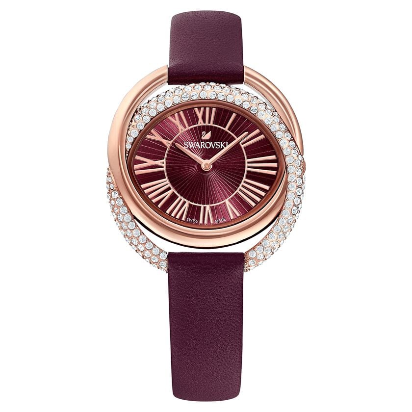 5484379 Duo Watch Leather Strap, Dark red, Rose-gold tone PVD