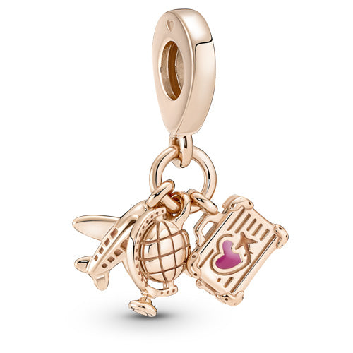 PANDORA 789435C01 Rose Airplane, Globe, Suitcase Dangle
