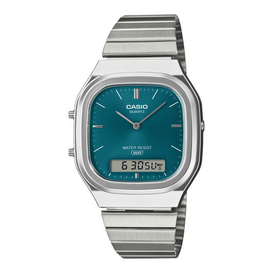 Casio Vintage AQ240E-3A watch with blue sunray dial and silver band