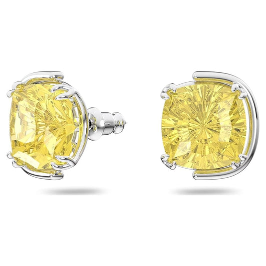 Swarovski Harmonia stud earrings Cushion cut, Yellow, Rhodium plated 5616511