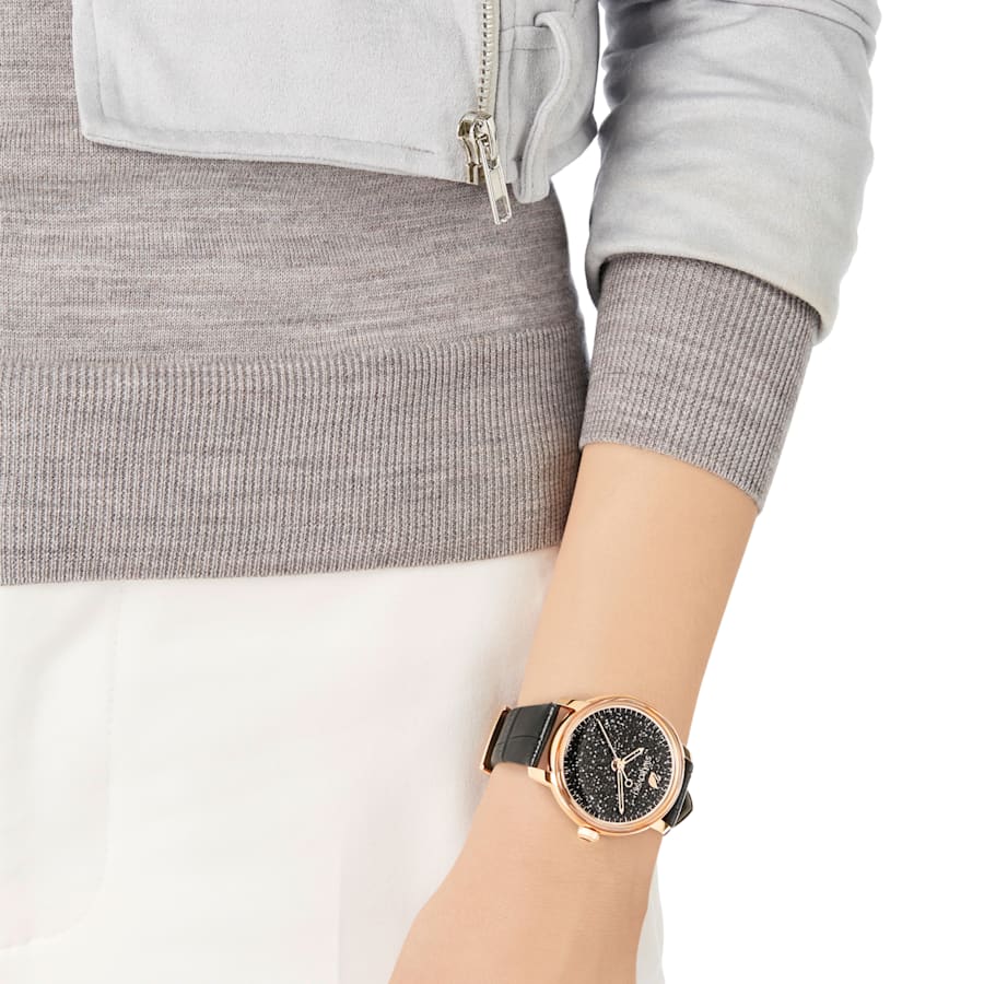 Swarovski 5295377 Crystalline Hours watch Swiss Made, Leather strap, Black, Rose gold-tone finish