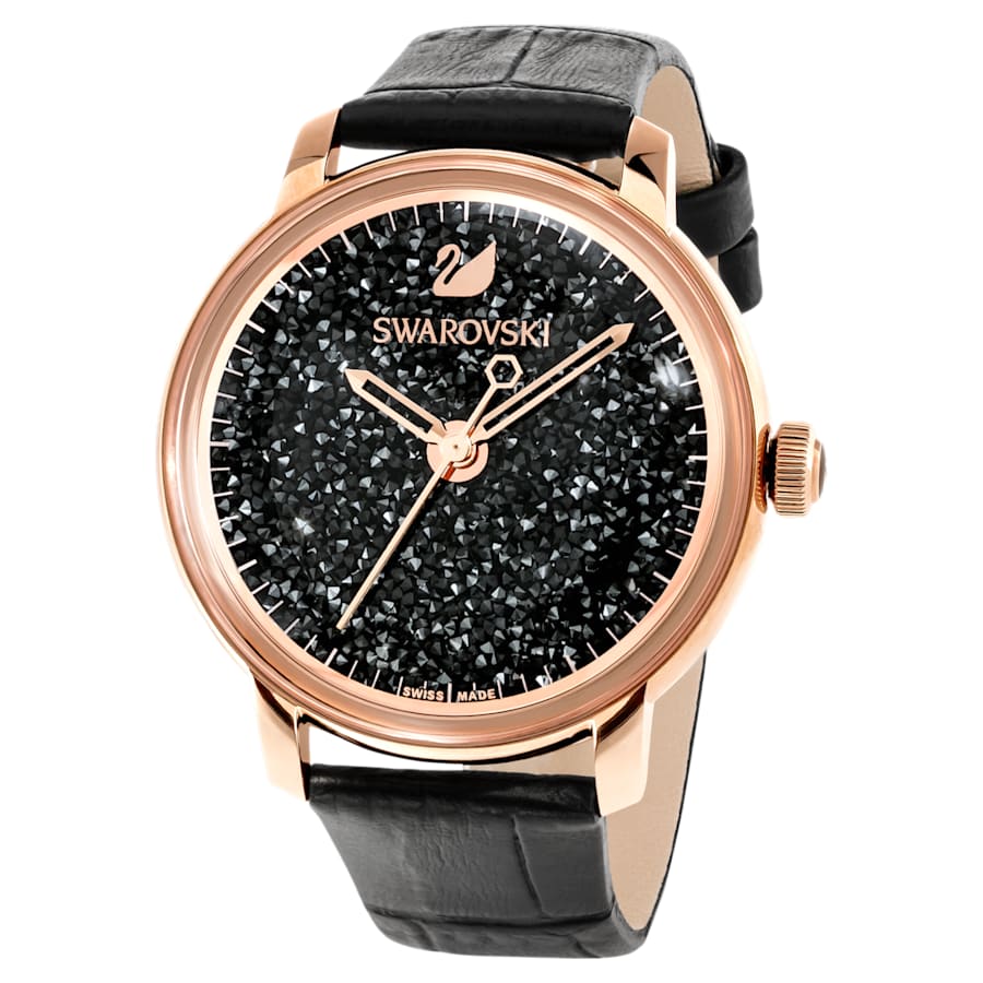 Swarovski 5295377 Crystalline Hours watch Swiss Made, Leather strap, Black, Rose gold-tone finish