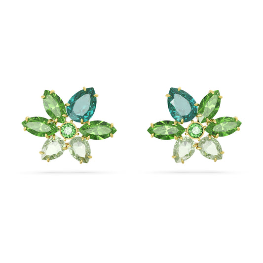 Gema stud earrings Mixed cuts, Flower, Green, Gold-tone plated 5658400