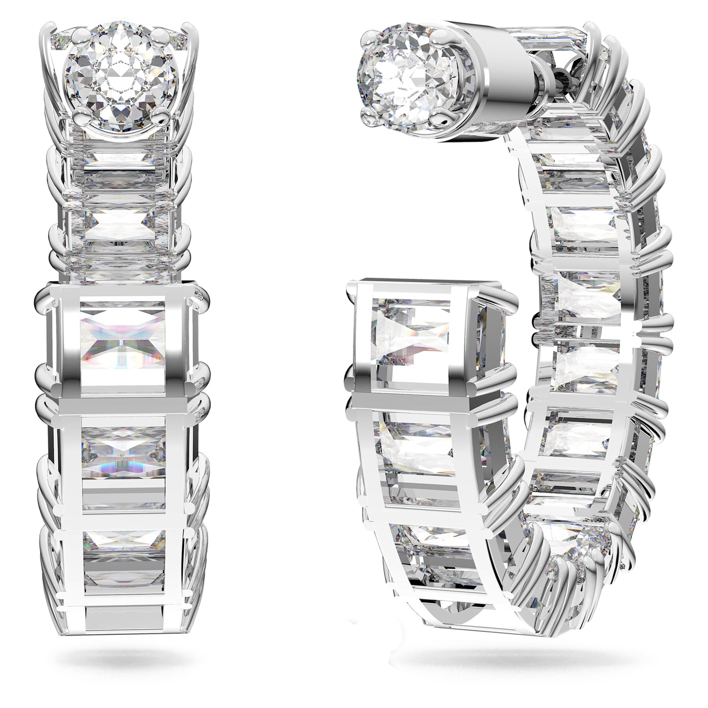 Matrix hoop earrings Octagon cut, White, Rhodium plated 5612673