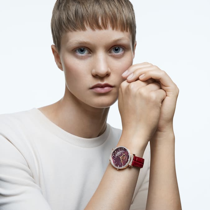 Swarovski 5613323 Passage Moon Phase watch Swiss Made, Moon, Leather strap, Red, Rose gold-tone finish