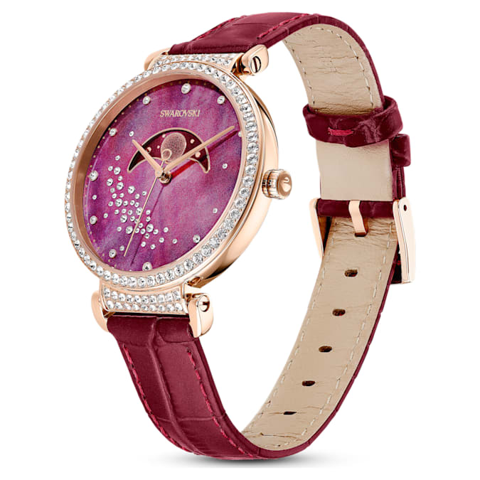 Swarovski 5613323 Passage Moon Phase watch Swiss Made, Moon, Leather strap, Red, Rose gold-tone finish