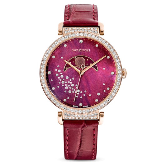 Swarovski 5613323 Passage Moon Phase watch Swiss Made, Moon, Leather strap, Red, Rose gold-tone finish