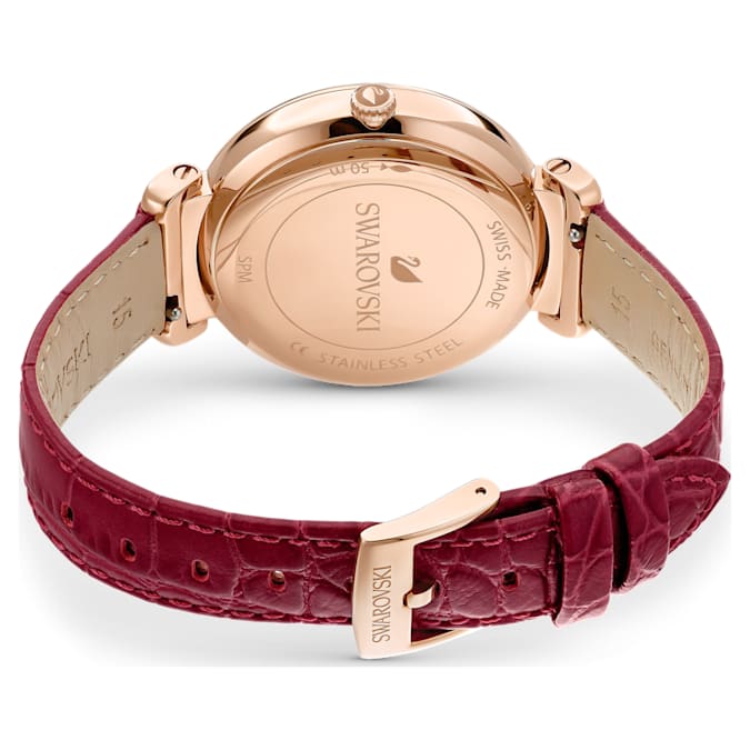 Swarovski 5613323 Passage Moon Phase watch Swiss Made, Moon, Leather strap, Red, Rose gold-tone finish