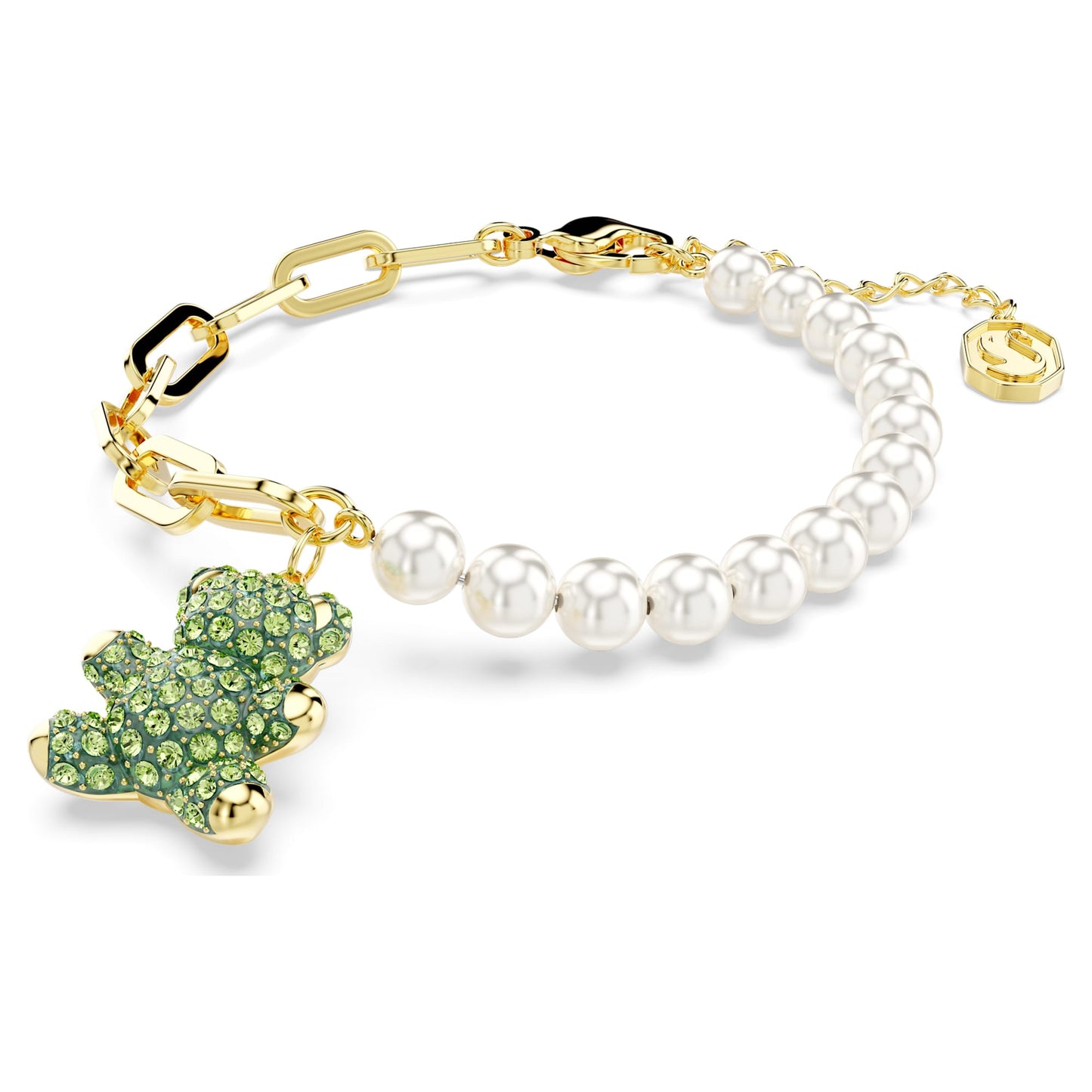 Teddy bracelet Crystal pearl, Bear, Green, Gold-tone plated 5669167