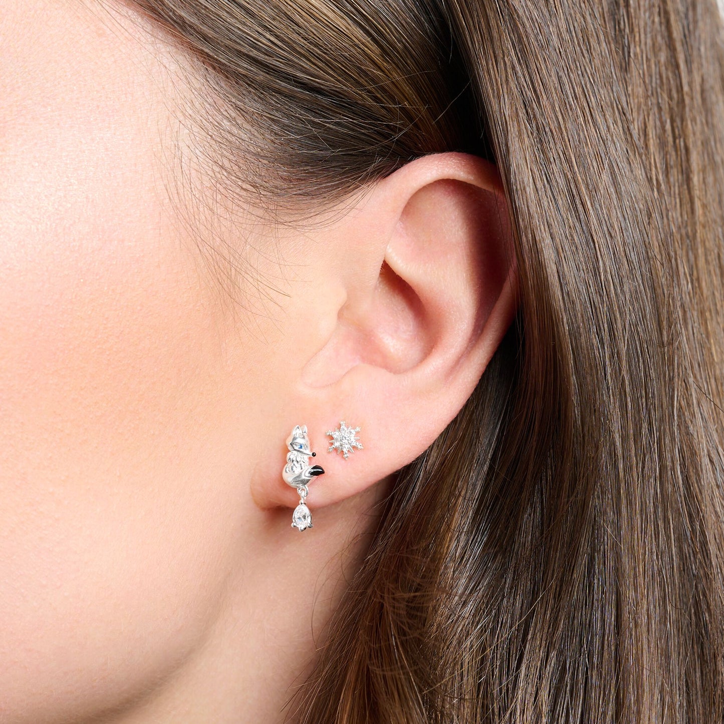 Single ear stud snowflake with white stones silver H2260-051-14