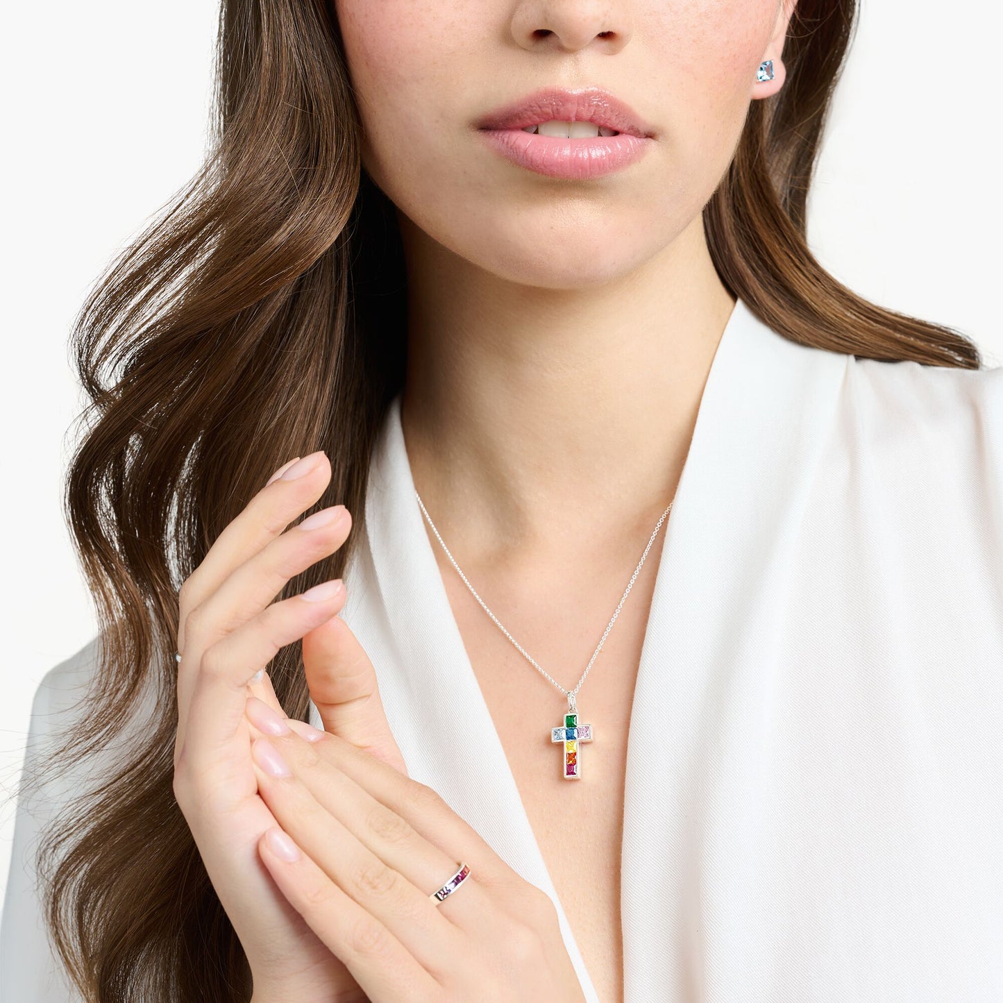 Necklace cross with colourful stones silver KE2166-477-7-L45V