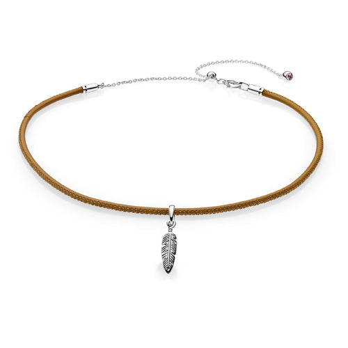 Pandora Tan Leather Choker with Feather Pendant 397197CGT-38