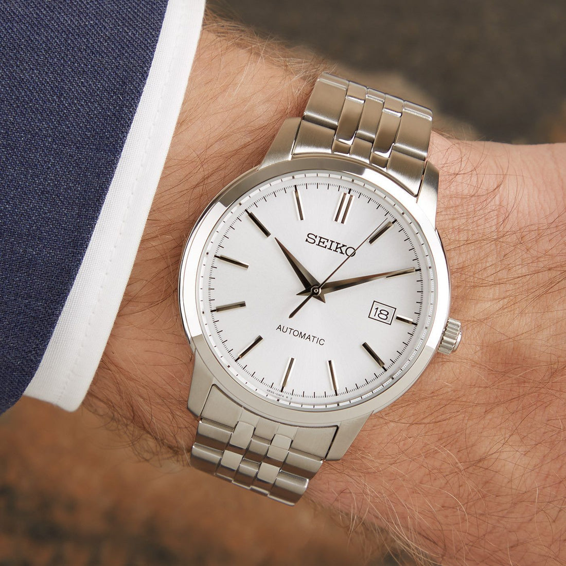 Seiko SRPH85 automatic men’s watch white dial stainless steel bracelet
