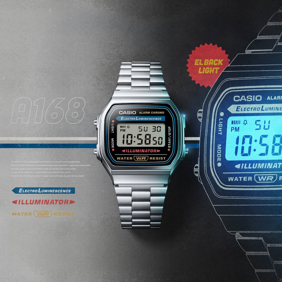 CASIO VINTAGE Electro Luminescence Digital Watch A168W-1 A168WA-1