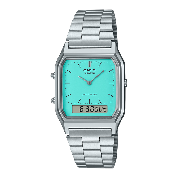 Casio AQ230A-3A – Orologio Vintage Analogico-Digitale, Quadrante Oliva Rayon De Soleil, Cinturino Acciaio