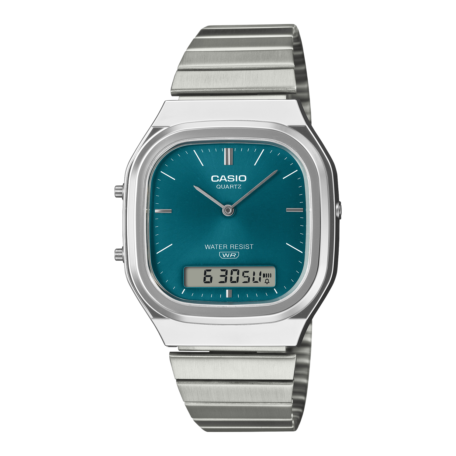Casio Vintage AQ240E-3A watch with blue sunray dial and silver band