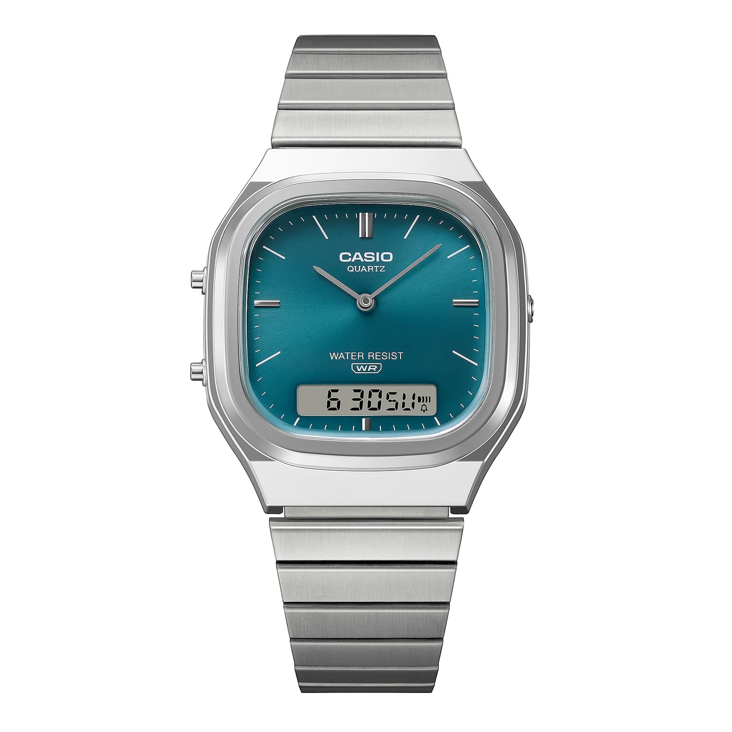 Casio Vintage AQ240E-3A watch with blue sunray dial and silver band