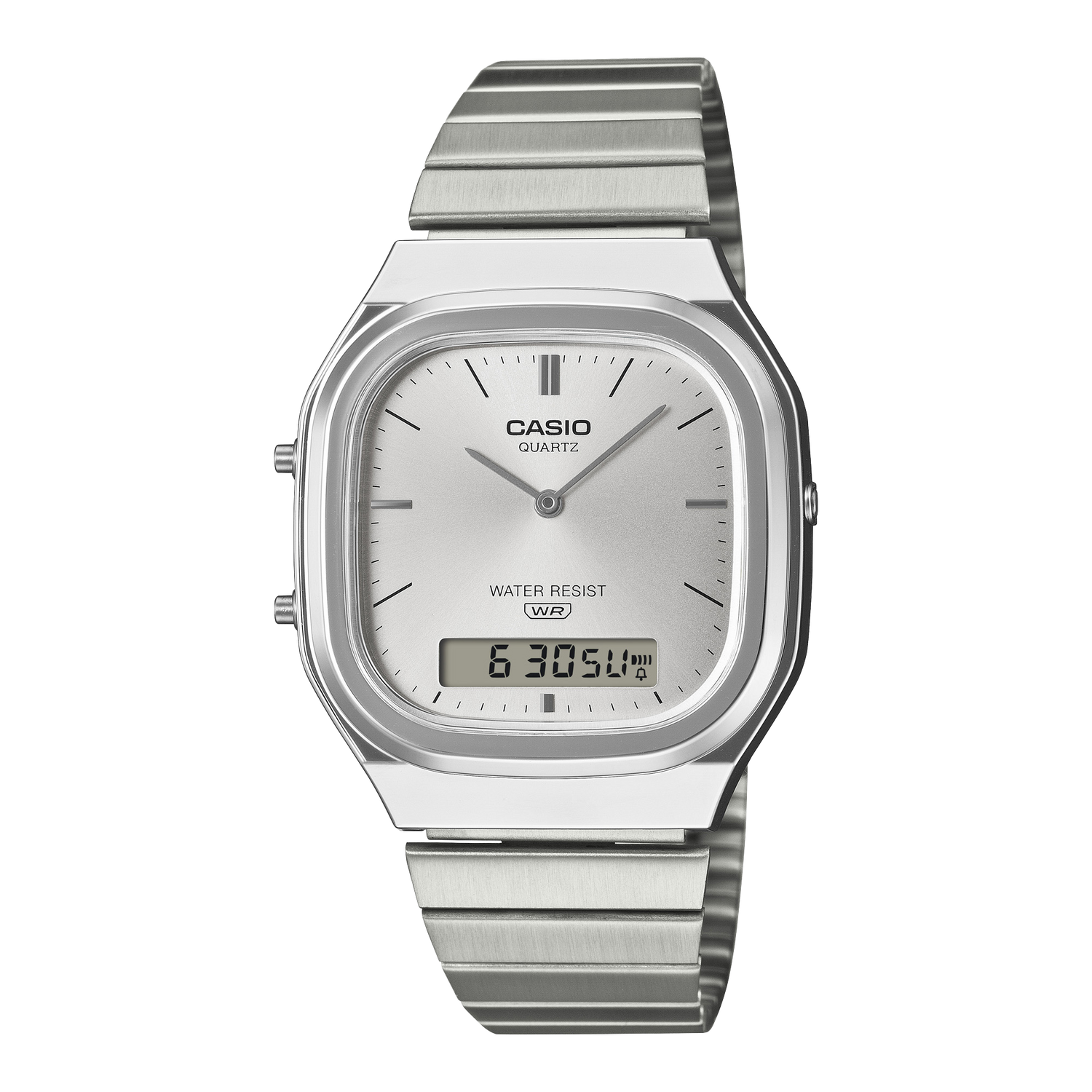Front view of Casio AQ240E-7A watch with silver sunray dial