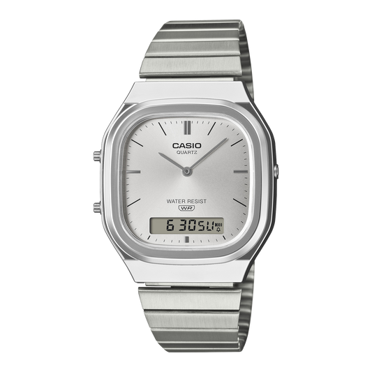 Front view of Casio AQ240E-7A watch with silver sunray dial