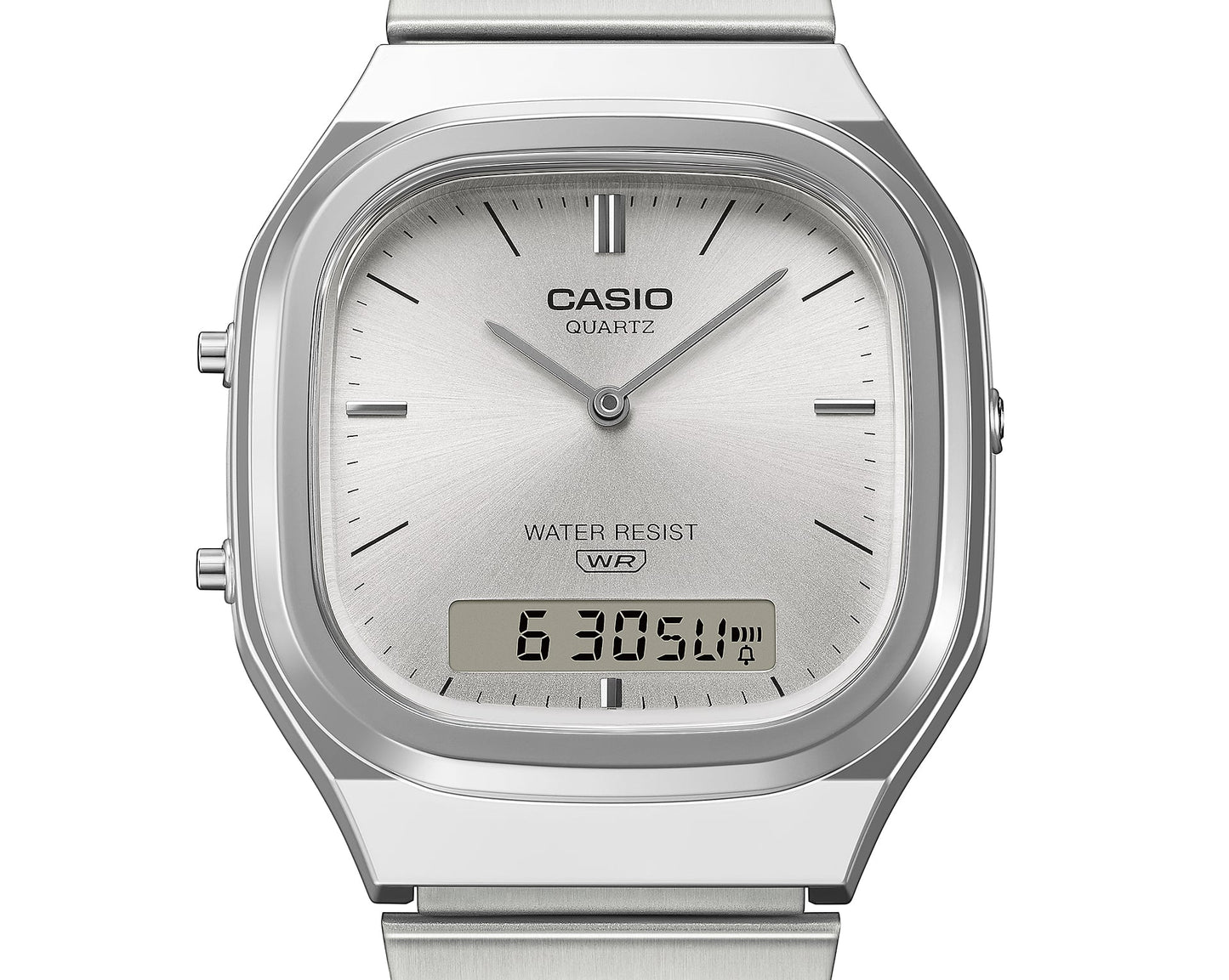 Front view of Casio AQ240E-7A watch with silver sunray dial