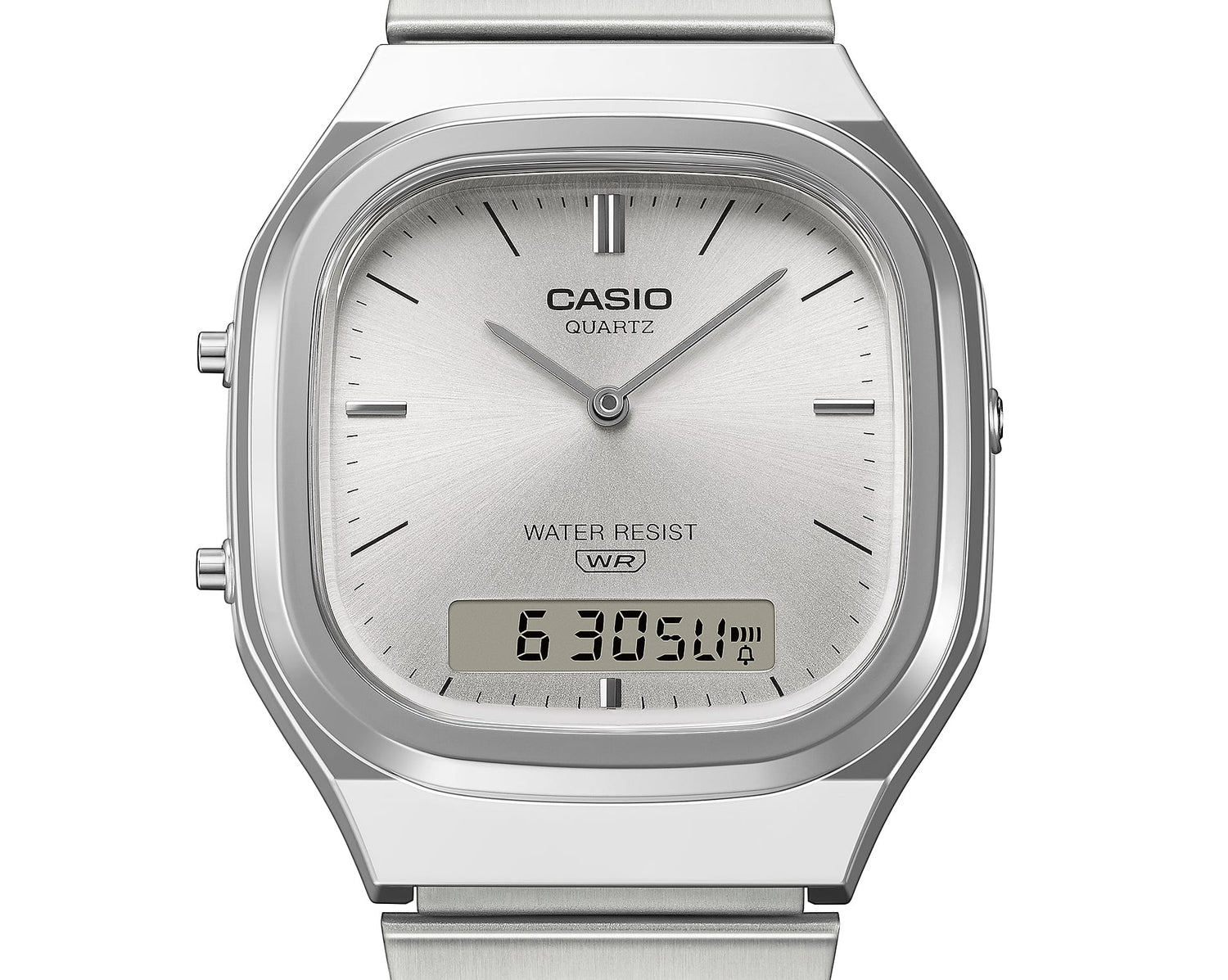 Front view of Casio AQ240E-7A watch with silver sunray dial