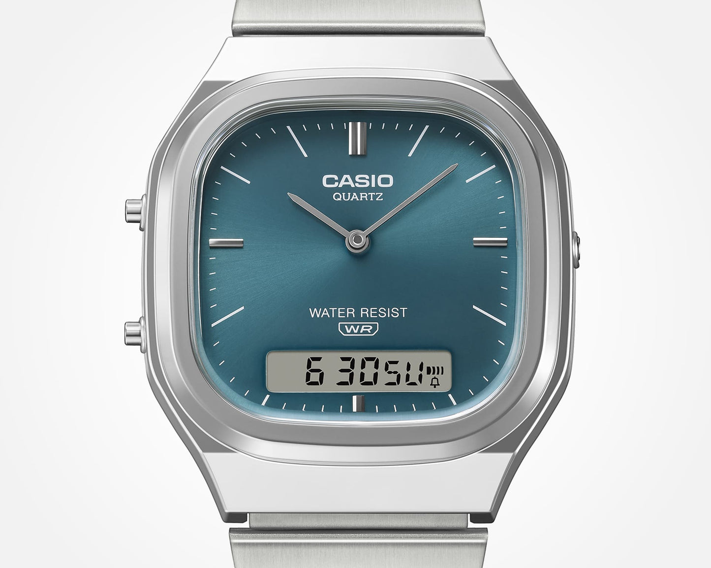 Casio Vintage AQ240E-3A watch with blue sunray dial and silver band