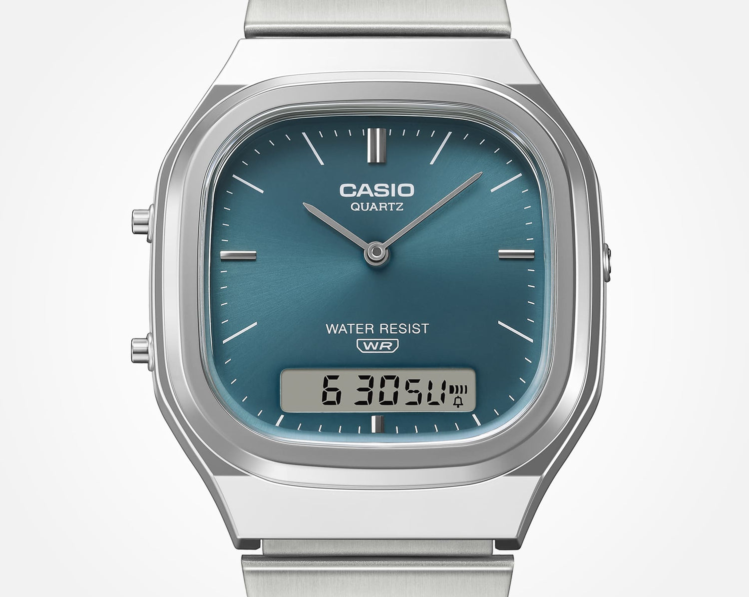 Casio Vintage AQ240E-3A watch with blue sunray dial and silver band
