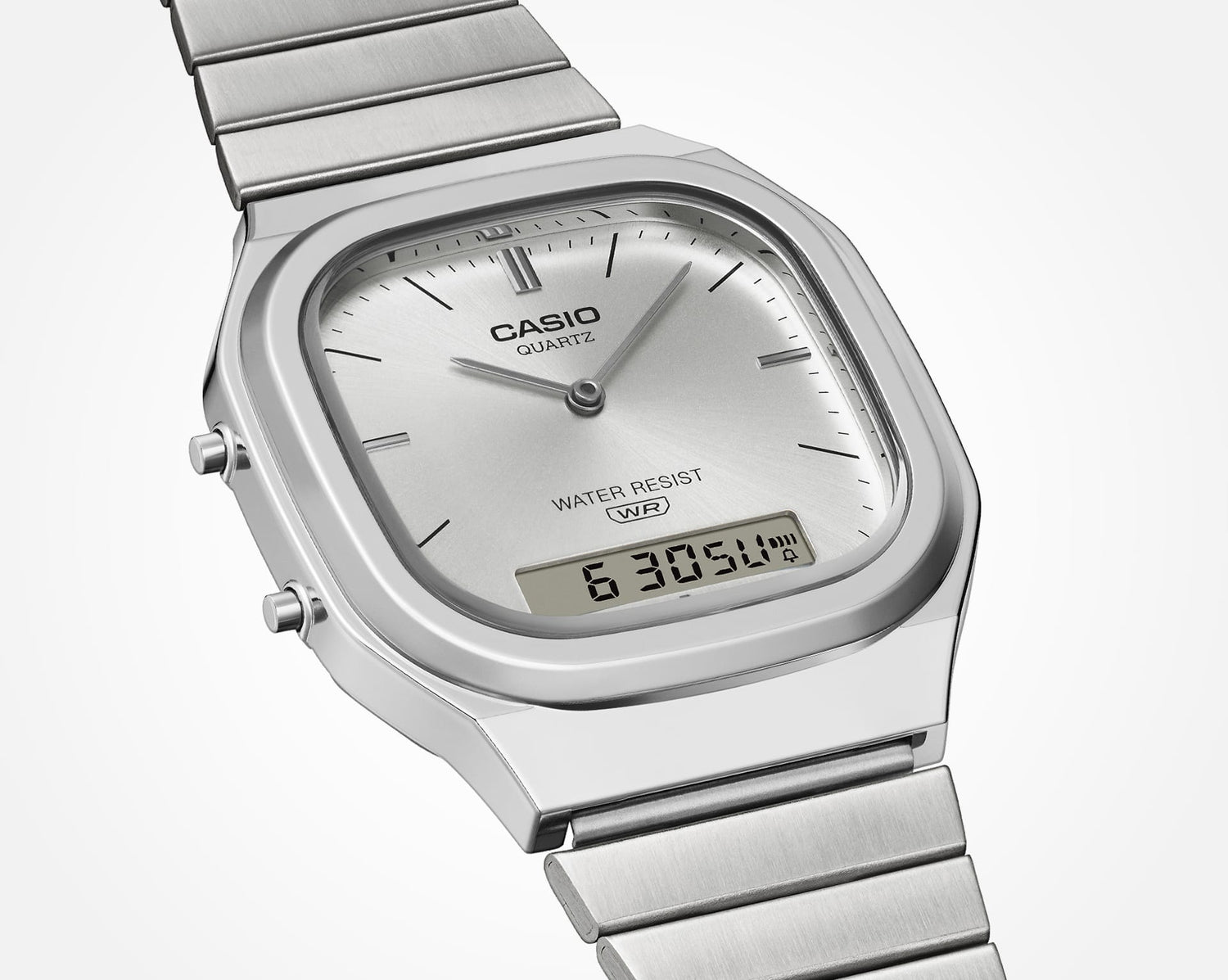 Front view of Casio AQ240E-7A watch with silver sunray dial