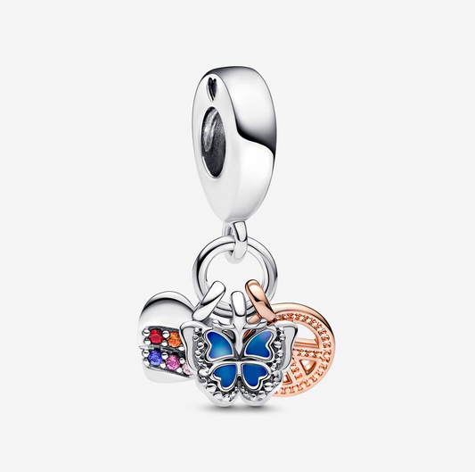 PANDORA Two-Tone Rainbow Heart, Butterfly & Peace Triple Dangle Charm 782572C01