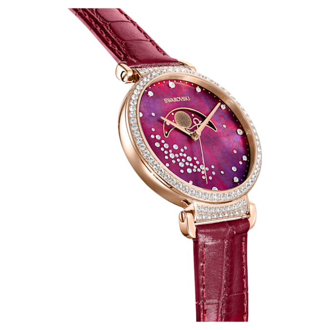 Swarovski 5613323 Passage Moon Phase watch Swiss Made, Moon, Leather strap, Red, Rose gold-tone finish