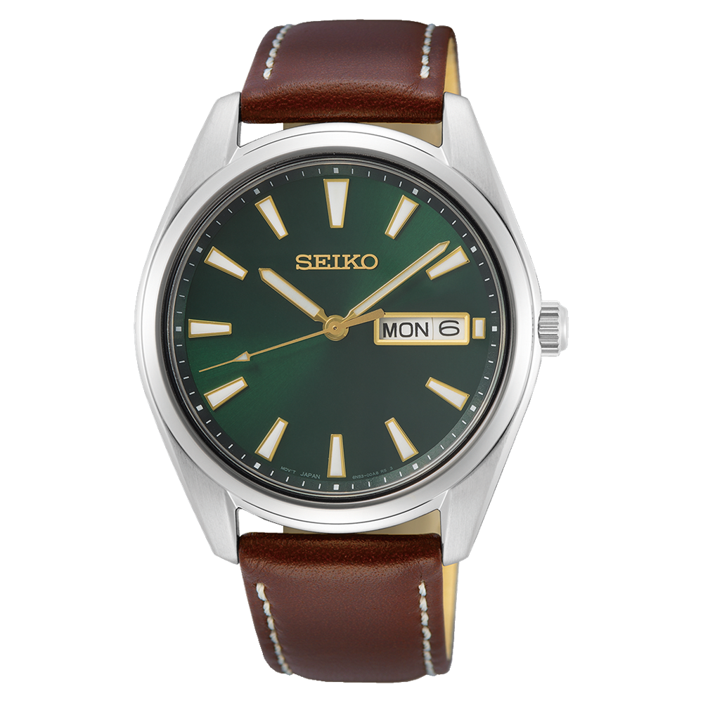 Seiko SUR449 quartz men’s watch green dial leather strap
