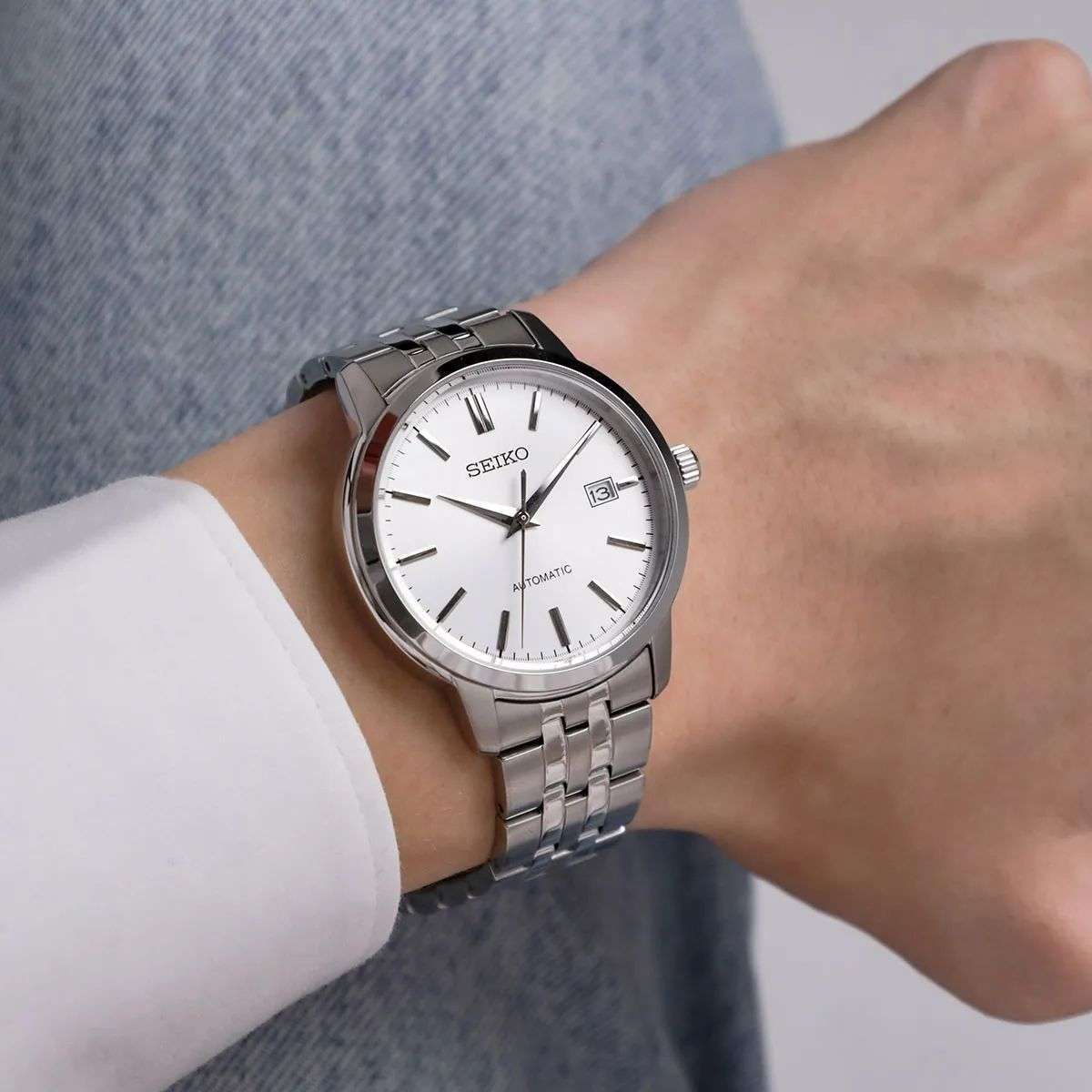 Seiko SRPH85 automatic men’s watch white dial stainless steel bracelet
