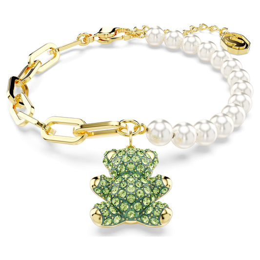 Teddy bracelet Crystal pearl, Bear, Green, Gold-tone plated 5669167