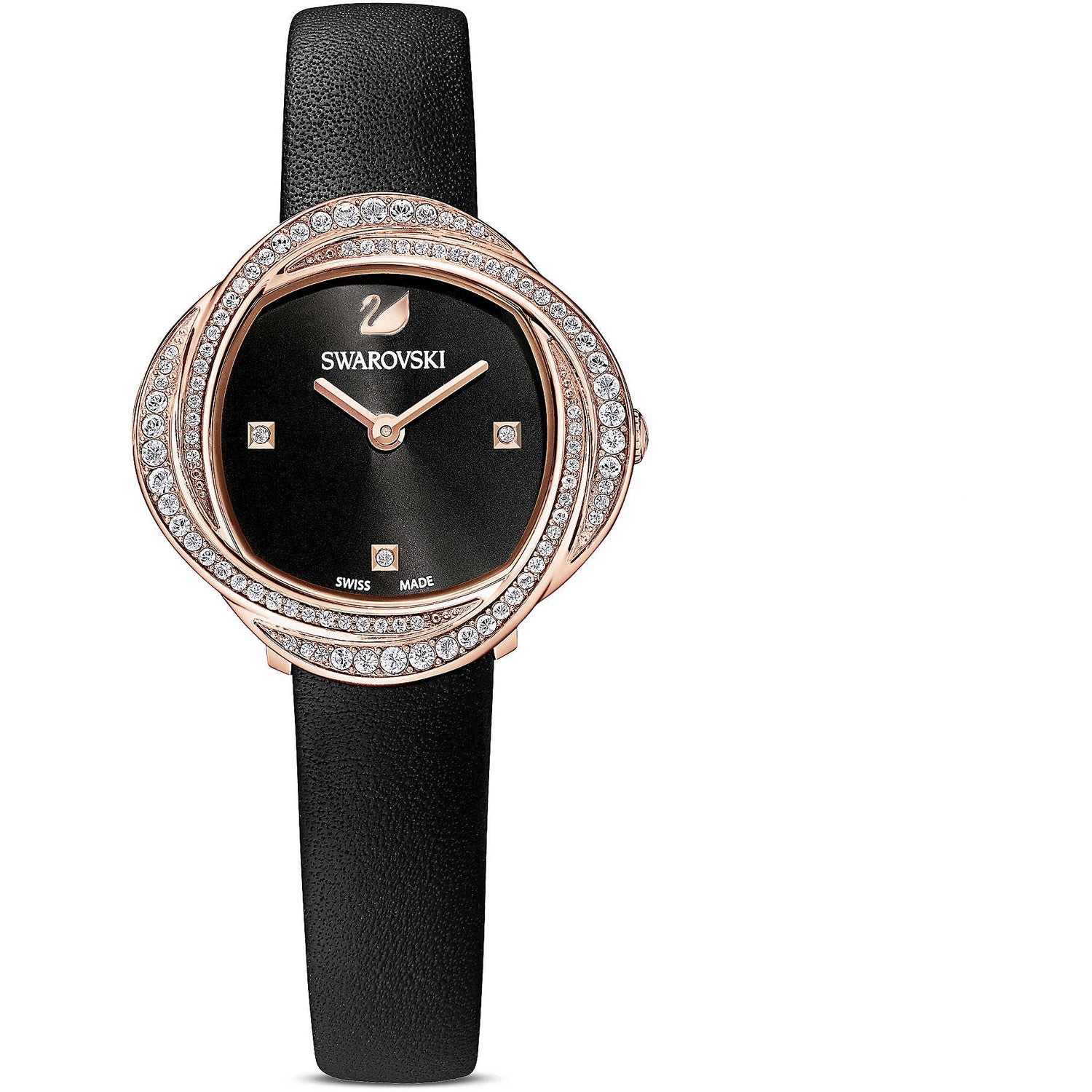 Swarovski Crystal Flower Black Dial Black Leather Strap Watch for