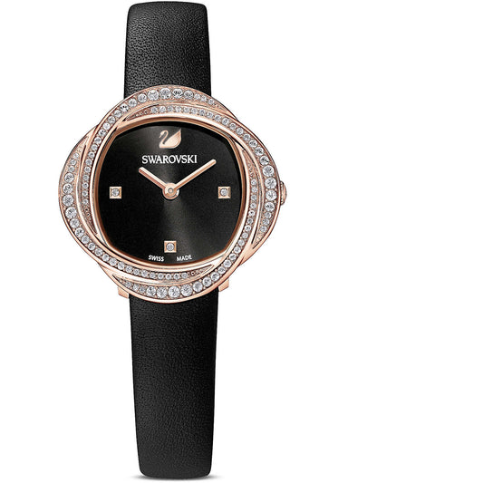 Swarovski Crystal Flower Black Dial Black Leather Strap Watch for Women - 5552421