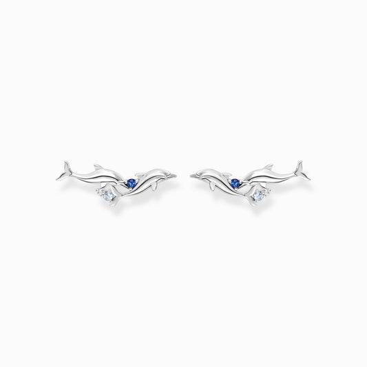 Ear climber dolphins with blue stones H2232-644-1
