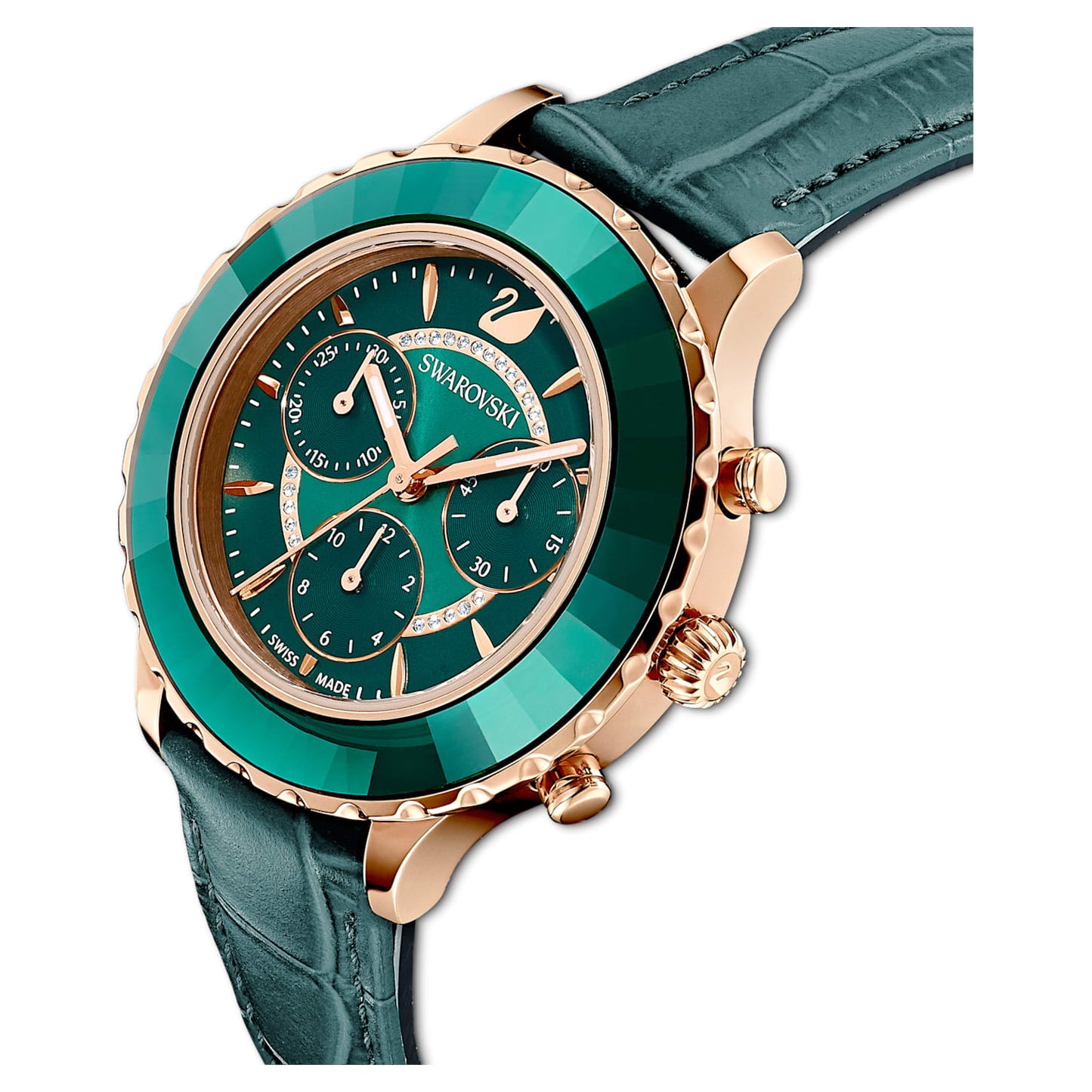 Octea Lux Chrono watch Swiss Made, Leather strap, Green, Rose gold-tone finish