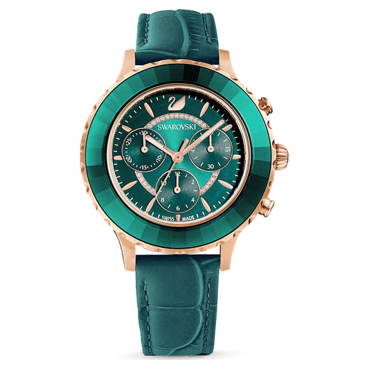 5452498 Octea Lux Chrono watch Swiss Made, Leather strap, Green, Rose gold-tone finish