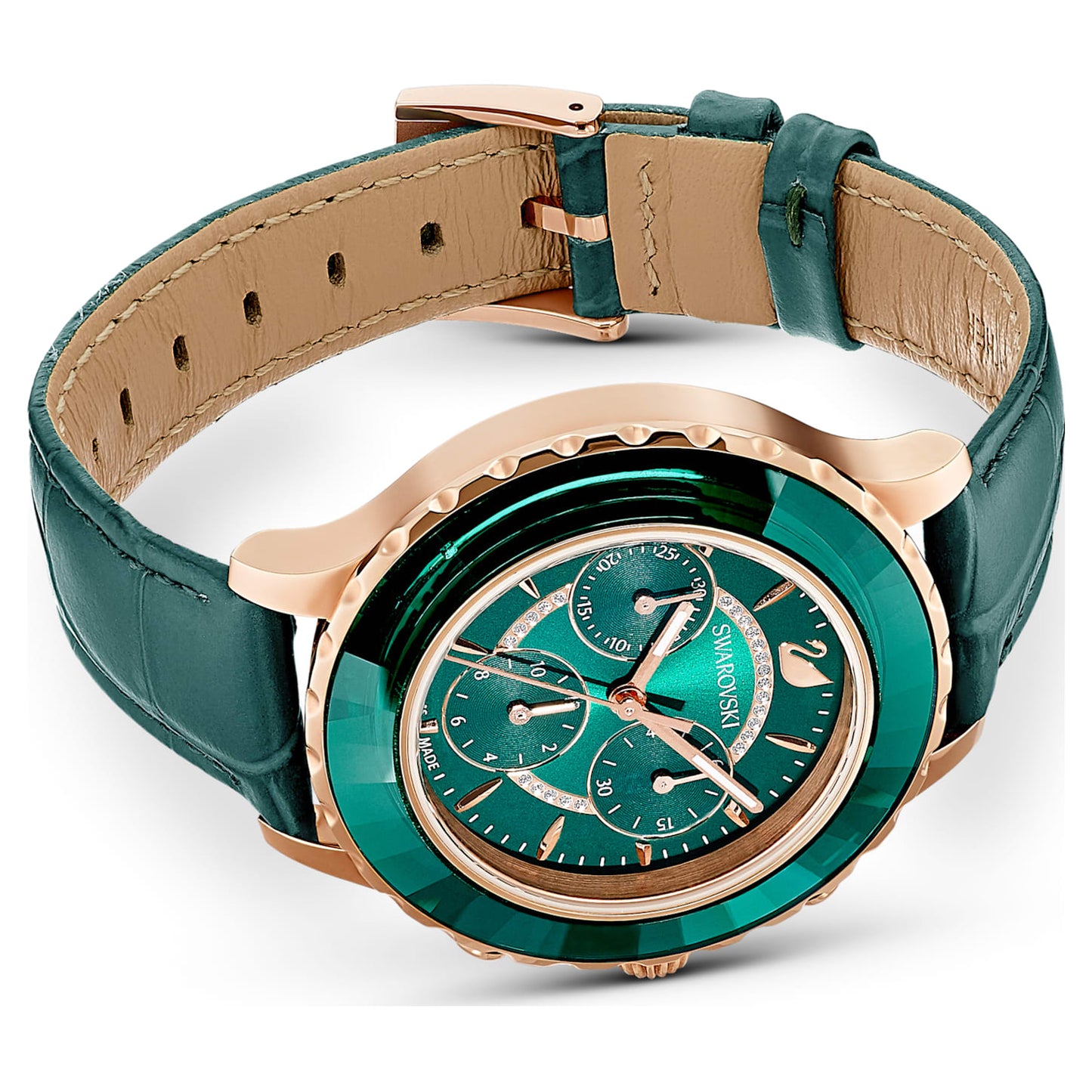 Octea Lux Chrono watch Swiss Made, Leather strap, Green, Rose gold-tone finish